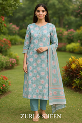 Floral printed cotton blend suit
